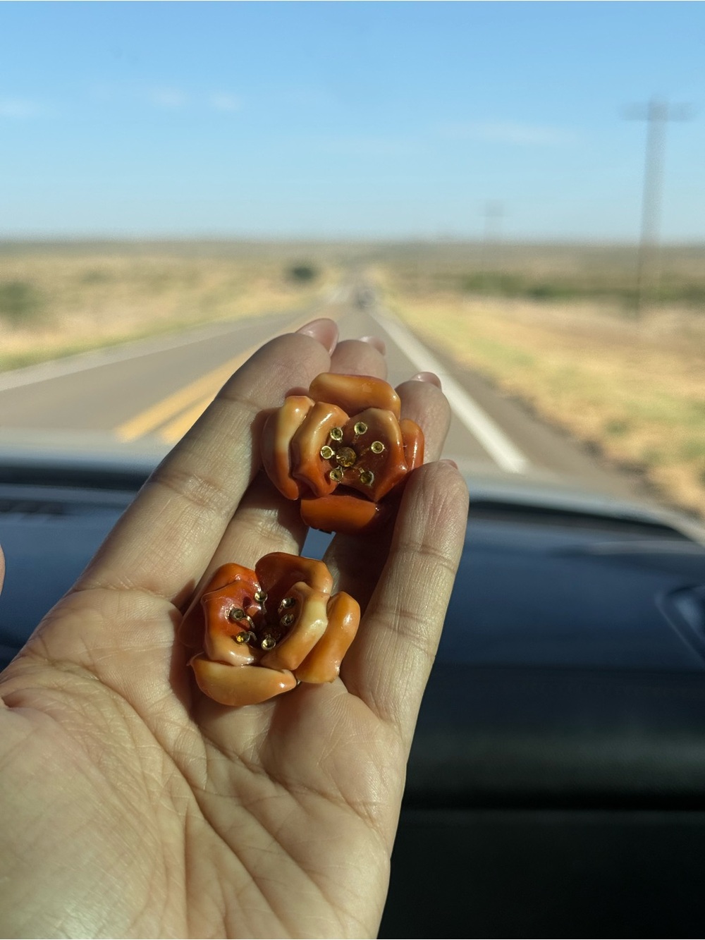 Vintage burnt orange flower clip on statement earrings